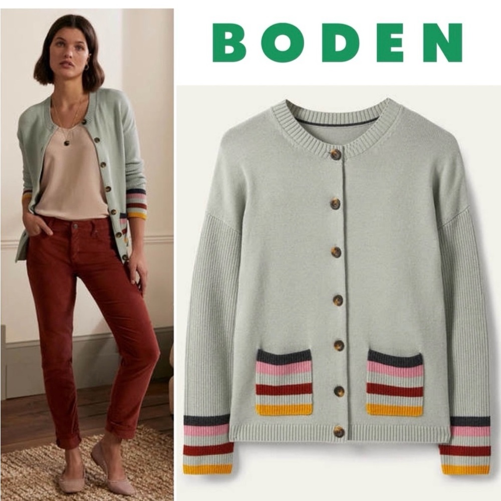 BODEN Stripe Pocket Relaxed Cardigan Sweater Raincloud Preppy US 12